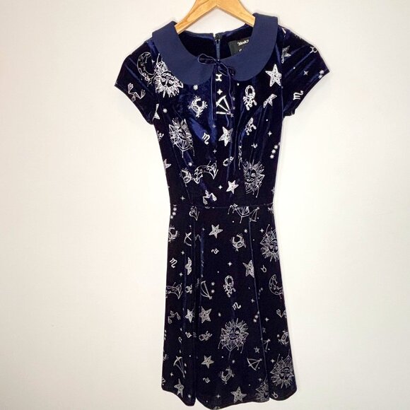 Modcloth x Collectif Zodiac Velvet Skater Whimsigoth Dress Navy Sz XXXS New - Picture 1 of 15